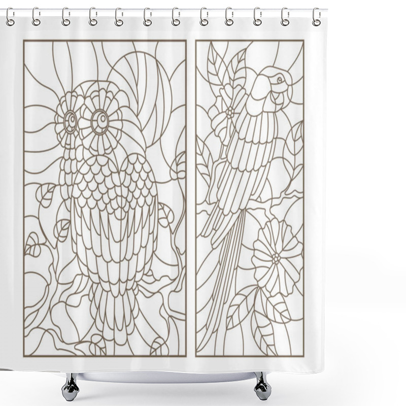 Personality  Set Contour Illustrations Of Stained Glass Birds The Owl And Parrot On The Branches Of Trees Shower Curtains