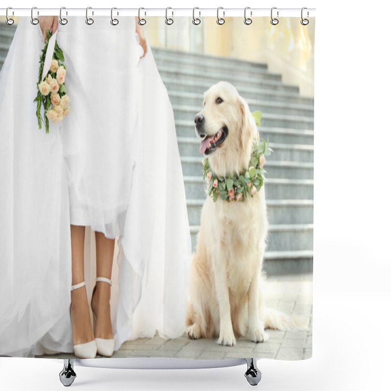 Personality  Bride And Adorable Golden Retriever Wearing Wreath Made Of Beautiful Flowers Outdoors, Closeup Shower Curtains