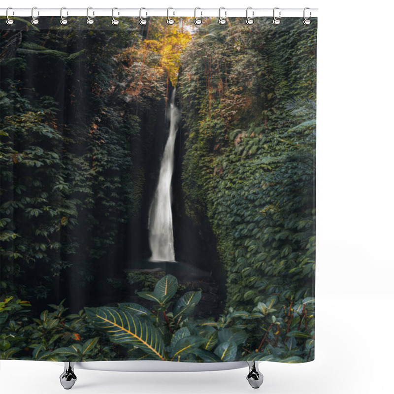 Personality  Leke Leke Waterfall In Tropical Jungle And Alone Woman In Bikini In Bali, Indonesia. Shower Curtains