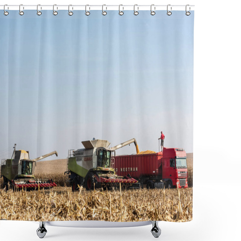 Personality  LVIV, UKRAINE - OCTOBER 23, 2019: Farmers In Tractors Harvesting Wheat Against Blue Sky  Shower Curtains