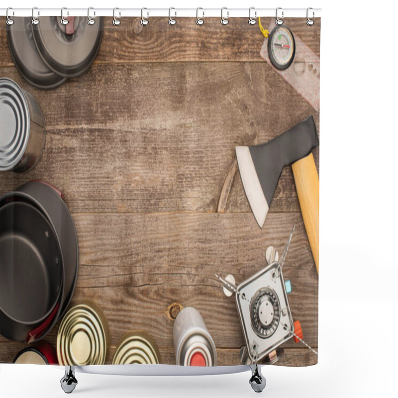 Personality  Top View Of Tin Cans, Metal Dishes, Axe, Gas Burner And Compass On Wooden Table Shower Curtains