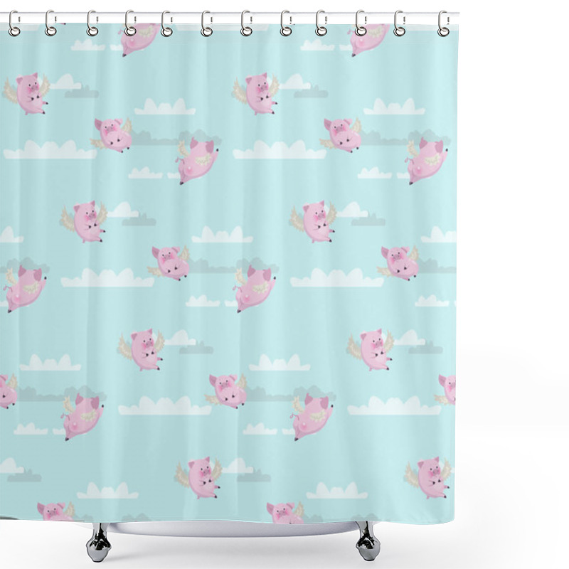 Personality  Seamless Vector Pattern With Funny Flying Pink Pigs Against The Sky Shower Curtains