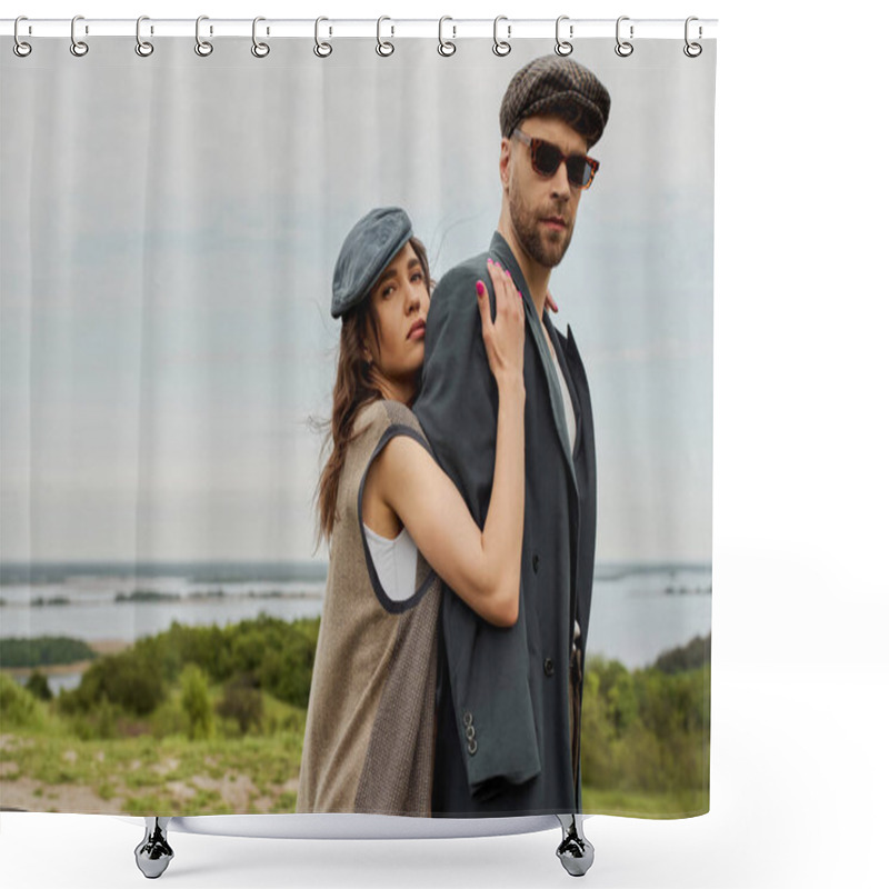 Personality  Portrait Of Brunette Woman In Newsboy Cap And Vest Embracing Bearded Boyfriend In Sunglasses And Jacket While Standing With Blurred Landscape At Background, Trendy Twosome In Rustic Setting Shower Curtains