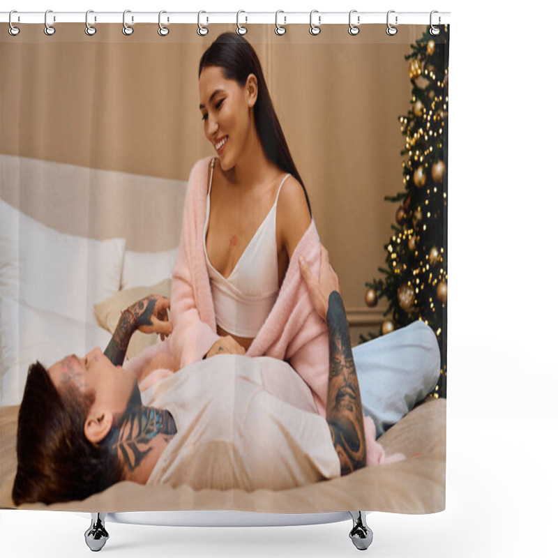 Personality  Loving Couple Enjoys Intimate Time Together, Wrapped In Warmth And Joy By A Festive Tree Shower Curtains