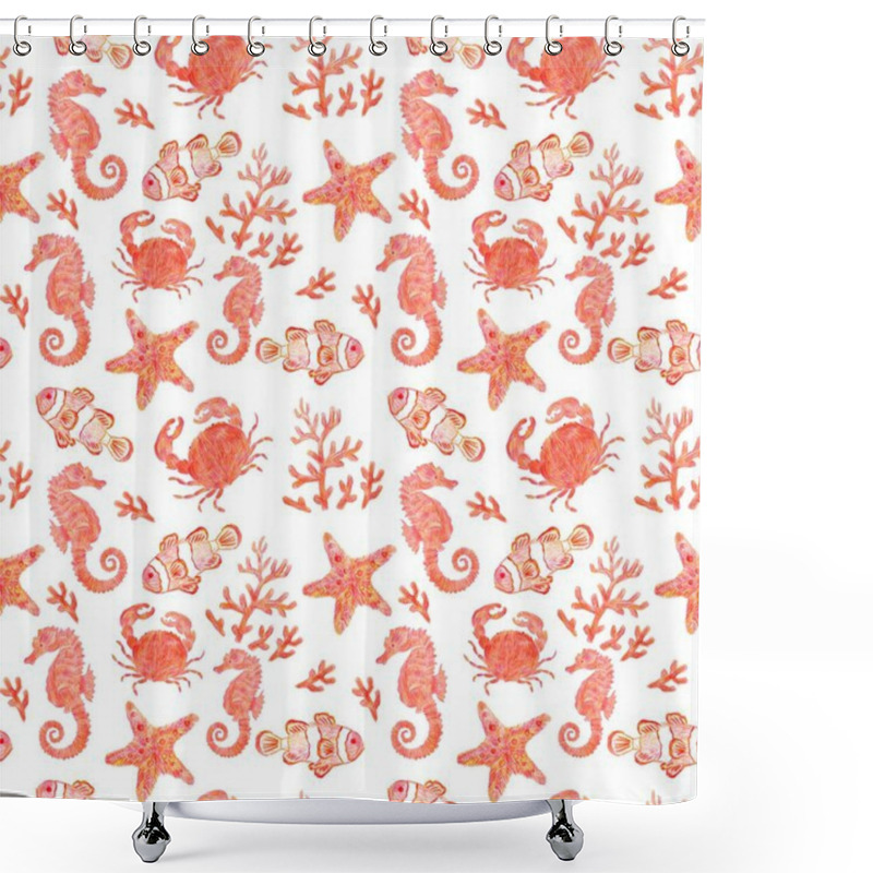 Personality  Seamless  Hand-drawn Background Drawn By Red Pencil. Nice  Pattern With Inhabitants Of The Coral Reef: Seahorse,  Crab,  Fish, Starfish And Corals. Beautiful Pattern For Printing On Fabric. Isolated Image On A White Background. Shower Curtains