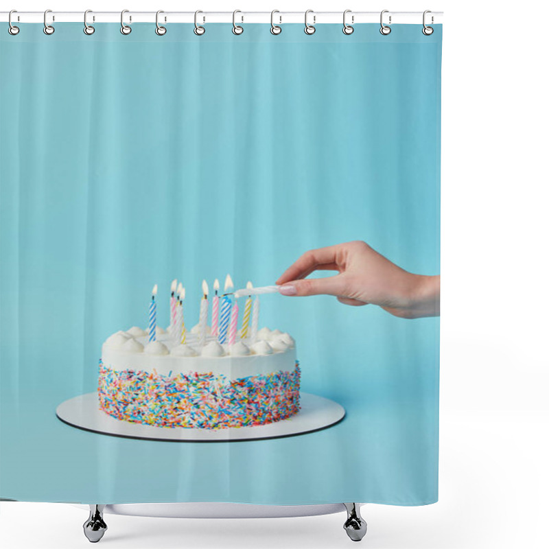 Personality  Partial View Of Woman Lighting Candles On Birthday Cake On Blue Background Shower Curtains