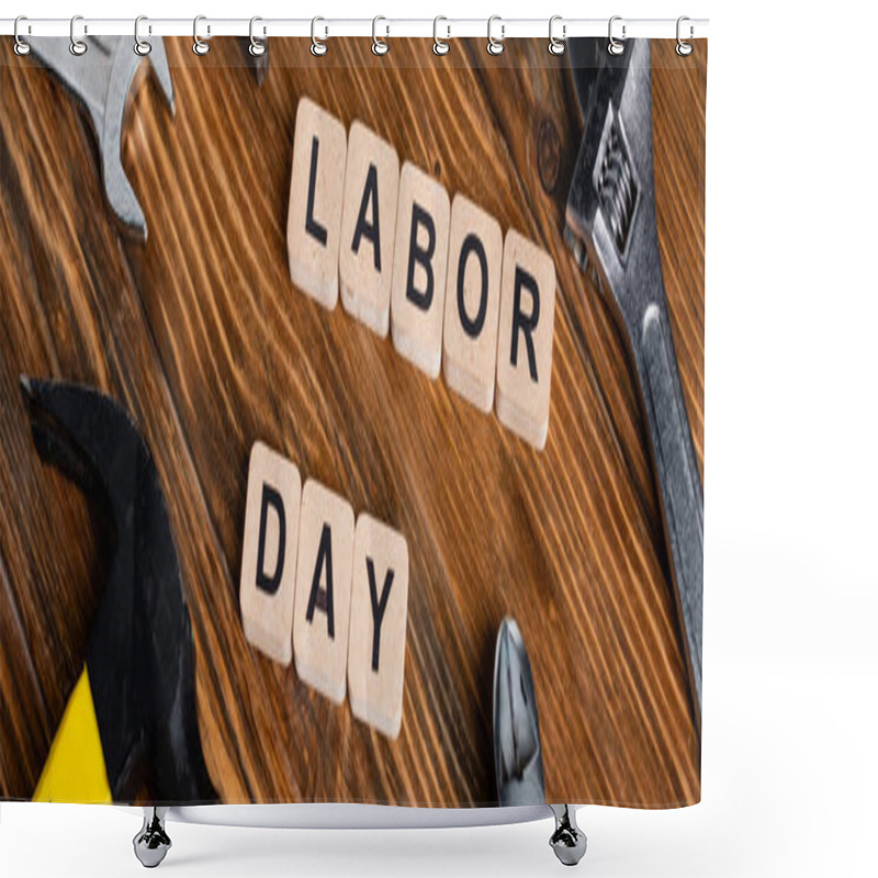 Personality  Cubes With Labor Day Lettering Near Various Tools On Wooden Surface, Banner Shower Curtains