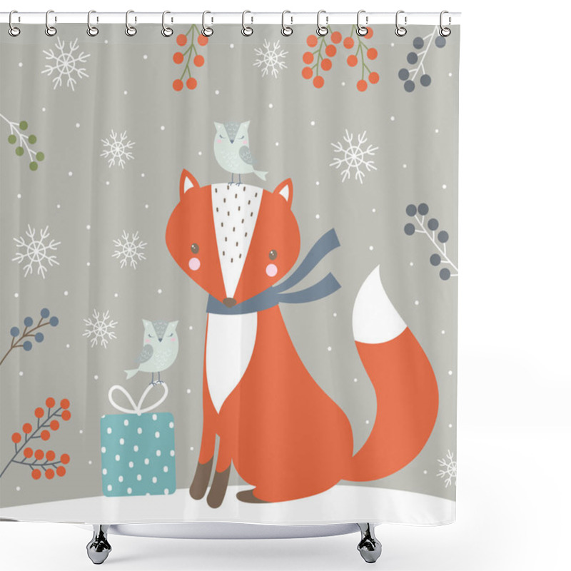 Personality  Cute Fox With Birds, Present And Snow On Grey Background, Cute Cartoon Fox Print, Childish Print For Nursery, Kids Apparel, Poster, Funny Postcard Shower Curtains