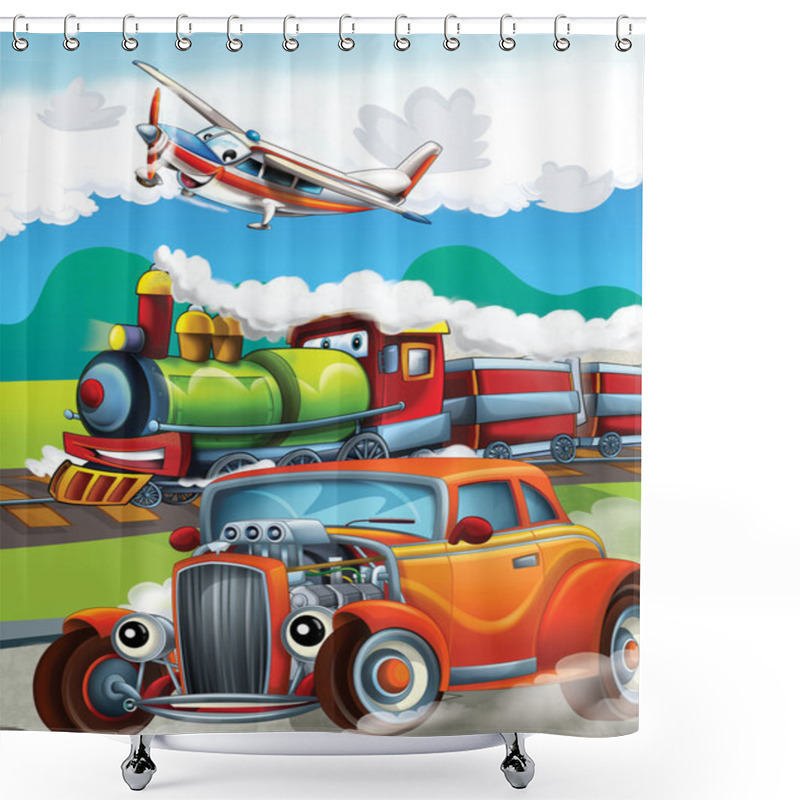 Personality  The Locomotive, Car And The Flying Machine - Illustration For The Children Shower Curtains