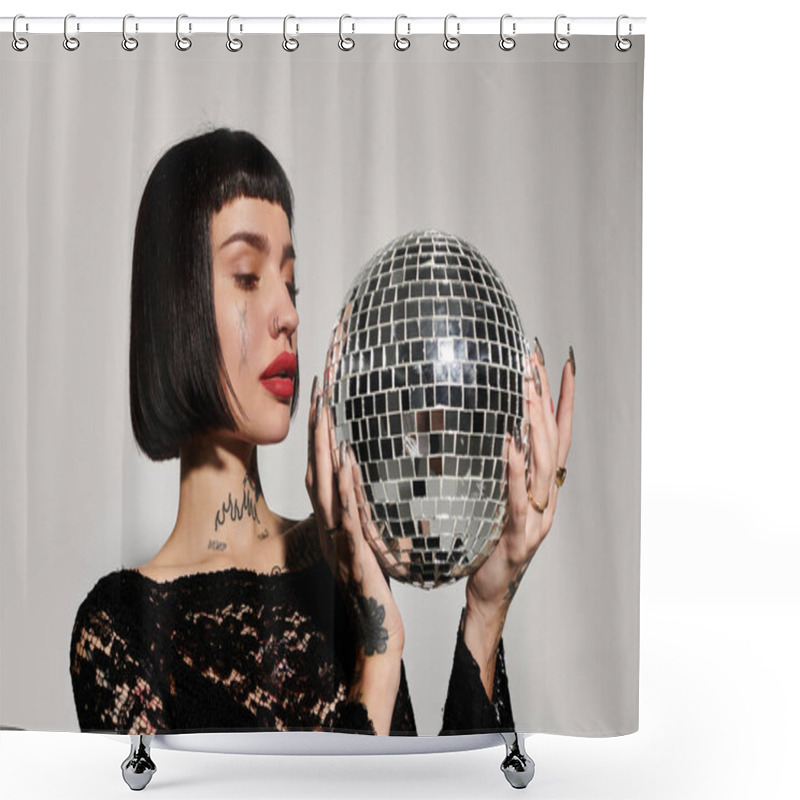 Personality  Stylish Woman With Tattoos Showcases A Sparkling Disco Ball In A Chic Environment. Shower Curtains