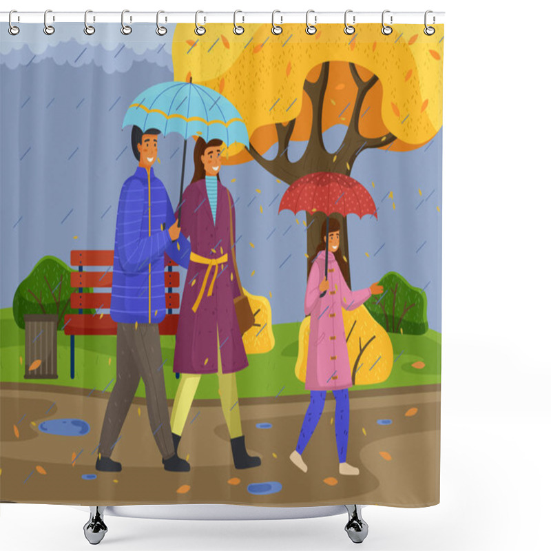 Personality  Family Walking In The Rain With Umbrella And Wearing Raincoats In The City Park In Autumn Season Shower Curtains