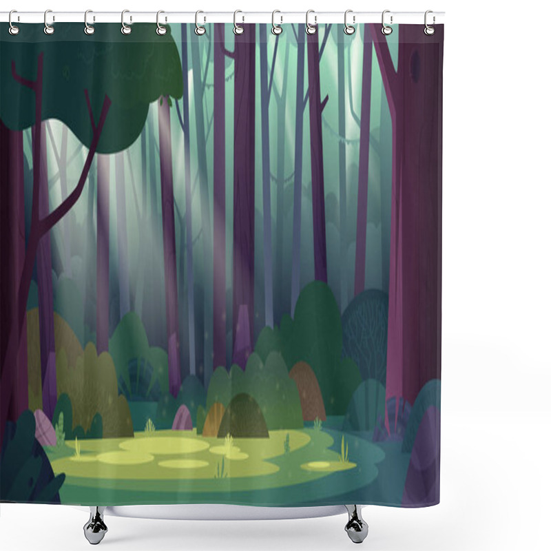 Personality  Cartoon Magic Summer Jungle Forest Glade With Sunbeams. Forest Wilderness Landscape.  Shower Curtains