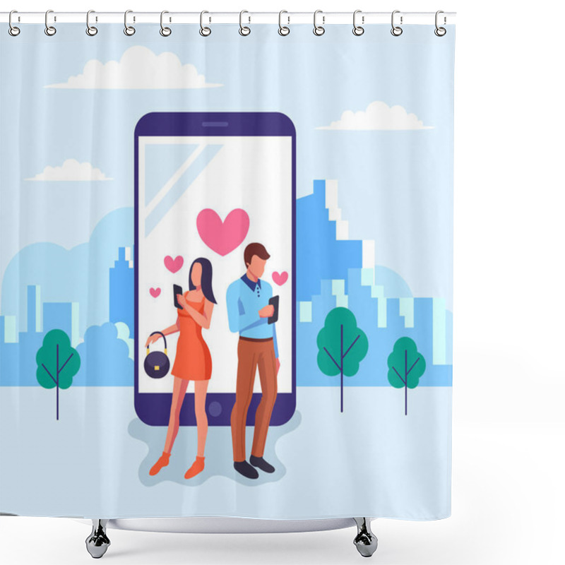 Personality  Two People Man And Woman Characters Chatting And Communication By Smartphone Internet. Online Meeting Dating Communication Concept. Vector Flat Graphic Design Isolated Illustration Concept Shower Curtains