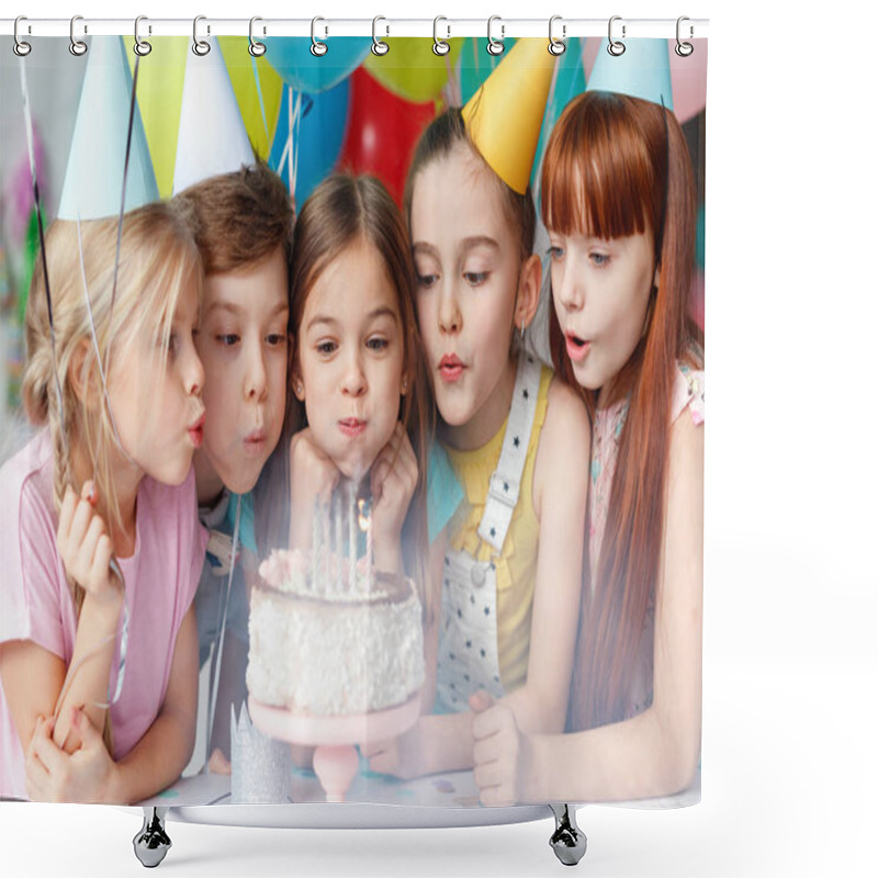 Personality  Festive Children In Party Caps, Blow Candles On Delicious Cake, Make Wish, Celebrate Birthday, Have Party Together, Hold Colourful Balloons. Happy Small Girl Spends Festive Event With Best Friends Shower Curtains