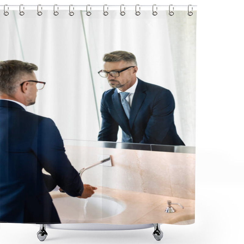 Personality  Handsome Businessman In Formal Wear And Glasses Washing Hands  Shower Curtains