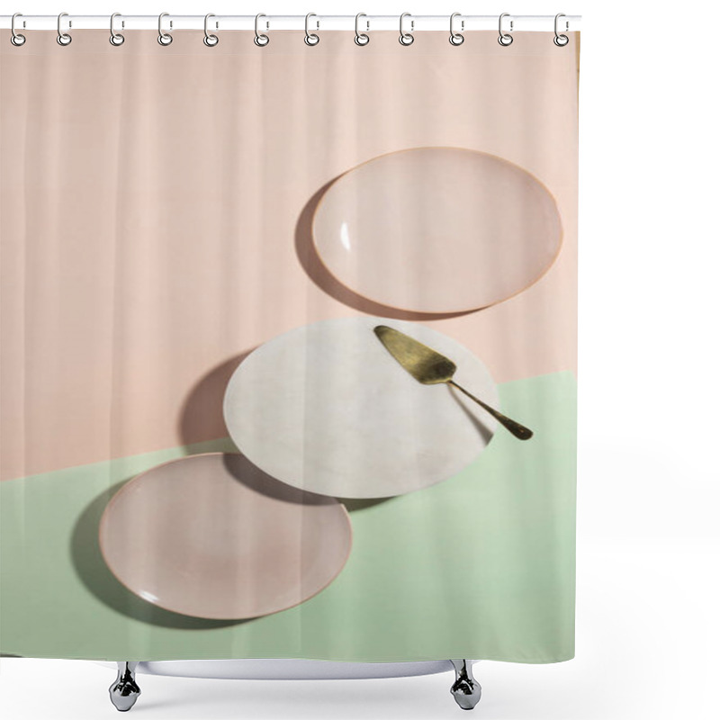 Personality  Elegant Flat Lay Featuring Soft Pastel Tones With Pink Plates, A Marble Plate, And A Gold Cake Server On A Minimalistic Background, Perfect For Modern Design And Aesthetic Dining Inspiration. Shower Curtains