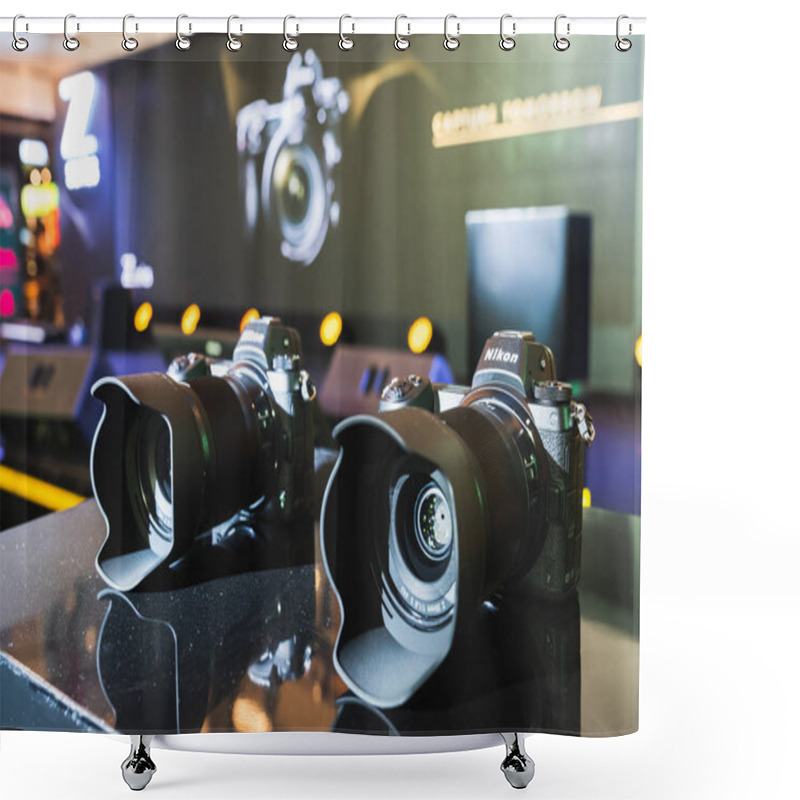 Personality  Bangkok, Thailand - Sep 21, 2018: New Nikon Z7 And Z6 Full-frame Mirrorless Digital Camera, Display Showcase By The Presentation Stage At Public Announcement Launch Event Shower Curtains