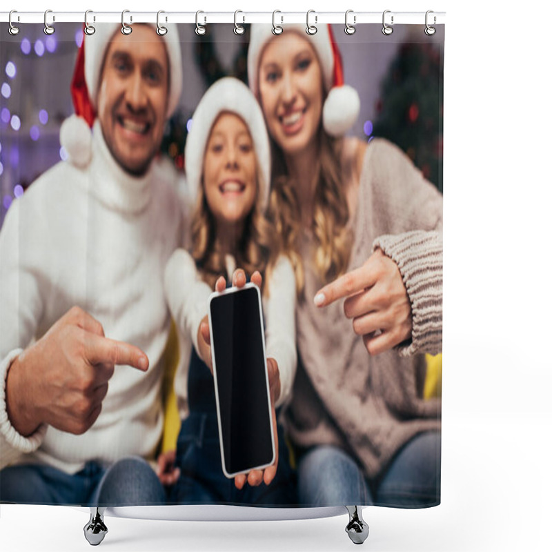 Personality  Smartphone With Blank Screen And Blurred, Happy Family On Background Shower Curtains