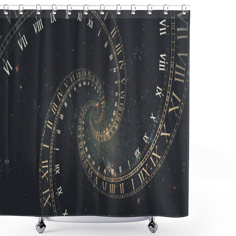 Personality  The Composition Of The Space Of Time, The Flight In Space In A Spiral Of Roman Clocks 3d Illustration Shower Curtains