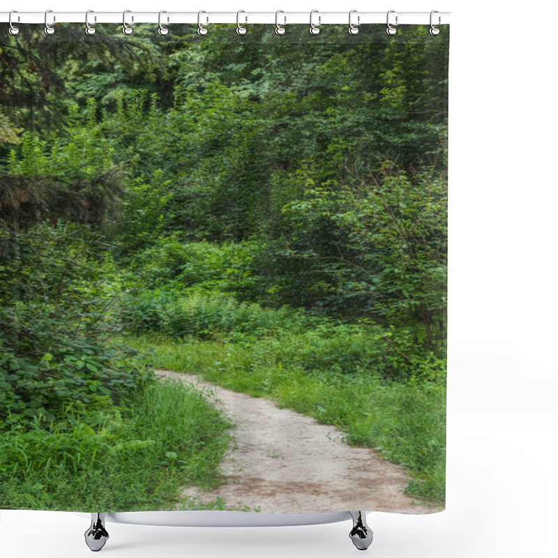 Personality  Scenic Shot Rural Pathway Of Green Forest Shower Curtains