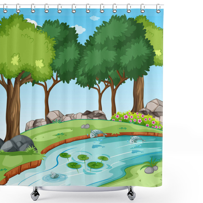 Personality  Stream In The Forest Scene With Some Fishes Illustration Shower Curtains