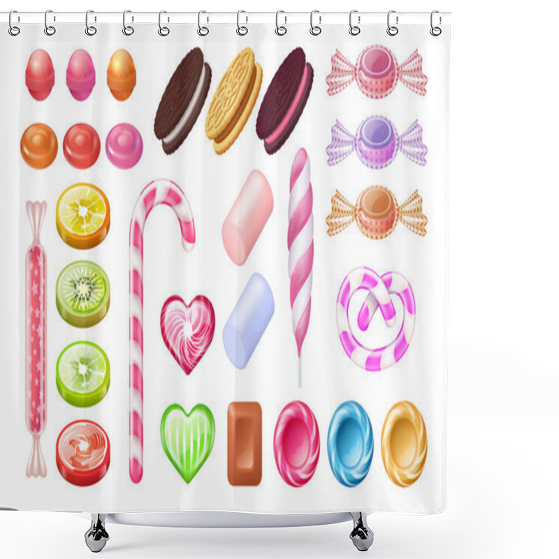 Personality  Candies And Lollipops. Sweet Jelly Chocolate Peppermint Candies And Cookies. Vector Realistic Set Of Gummy Toffee Holiday Desserts Shower Curtains