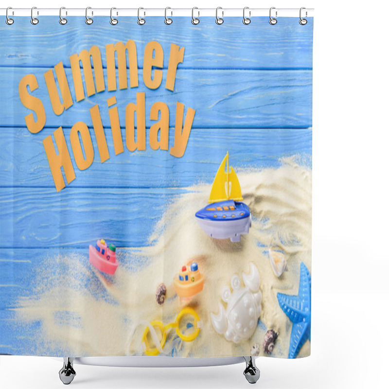 Personality  Beach Toys By Summer Holiday Inscription On Blue Wooden Background Shower Curtains