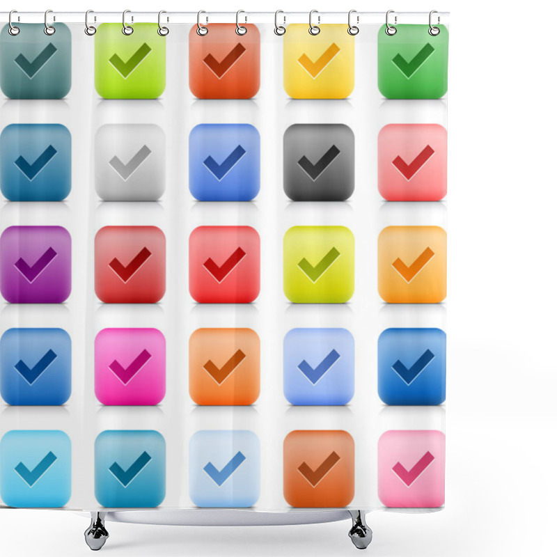 Personality  Stone Web Button With Check Mark Sign. 25 Variation Rounded Square Icon With Shadow And Reflection On White Background. This Vector Created In Technique Of Wire Mesh And Saved File 8 Eps Shower Curtains