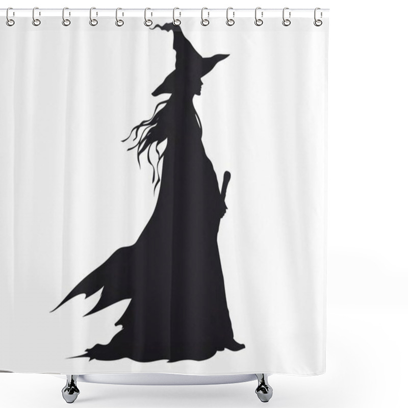 Personality  A Silhouette Of A Female Witch With Flowing Hair, Wearing A Pointed Hat And Holding A Staff. Shower Curtains