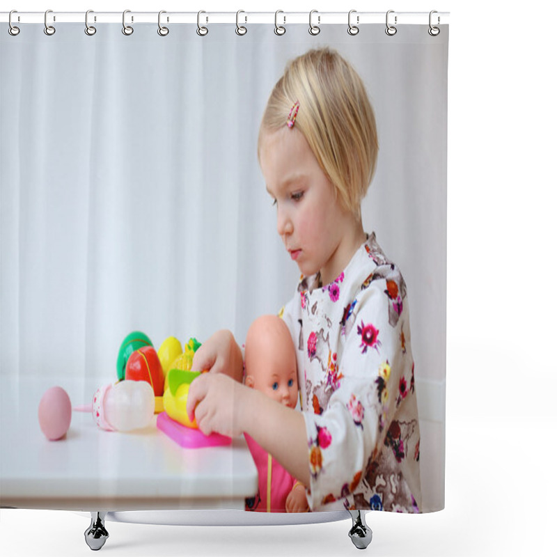 Personality  Toddler Girl Playing With Dolls Indoors Shower Curtains