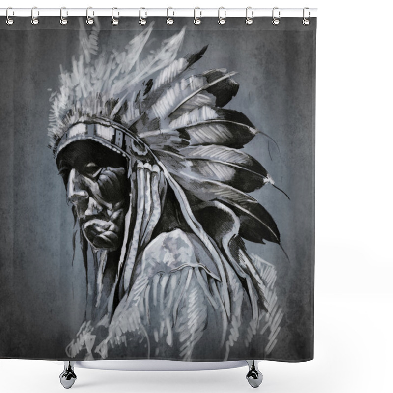 Personality  Tattoo Art, Portrait Of American Indian Head Over Dark Backgroun Shower Curtains