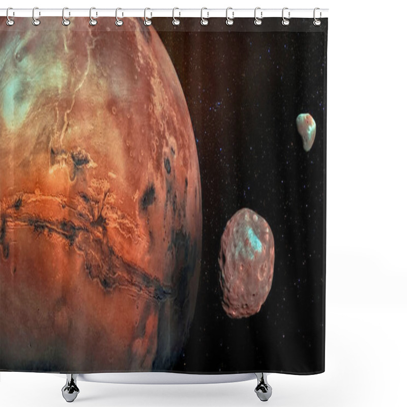 Personality  Mars With Its Two Cratered Moons Phobos And Deimos. Elements Of This Image Furnished By NASA. Shower Curtains