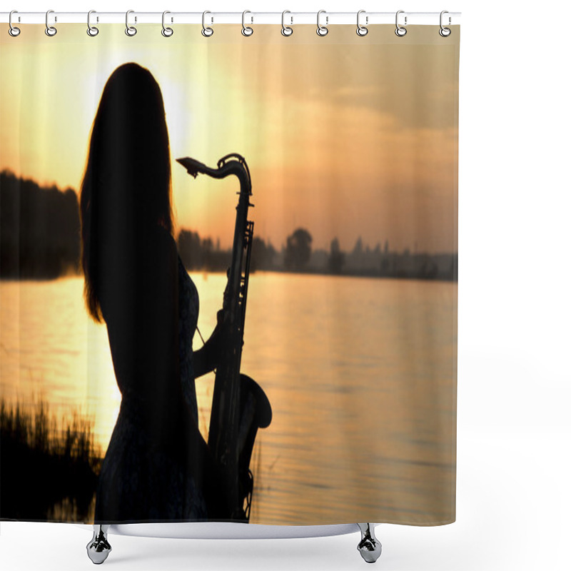 Personality  Female Silhouette Against The Dawn With A Saxophone In His Hands Shower Curtains