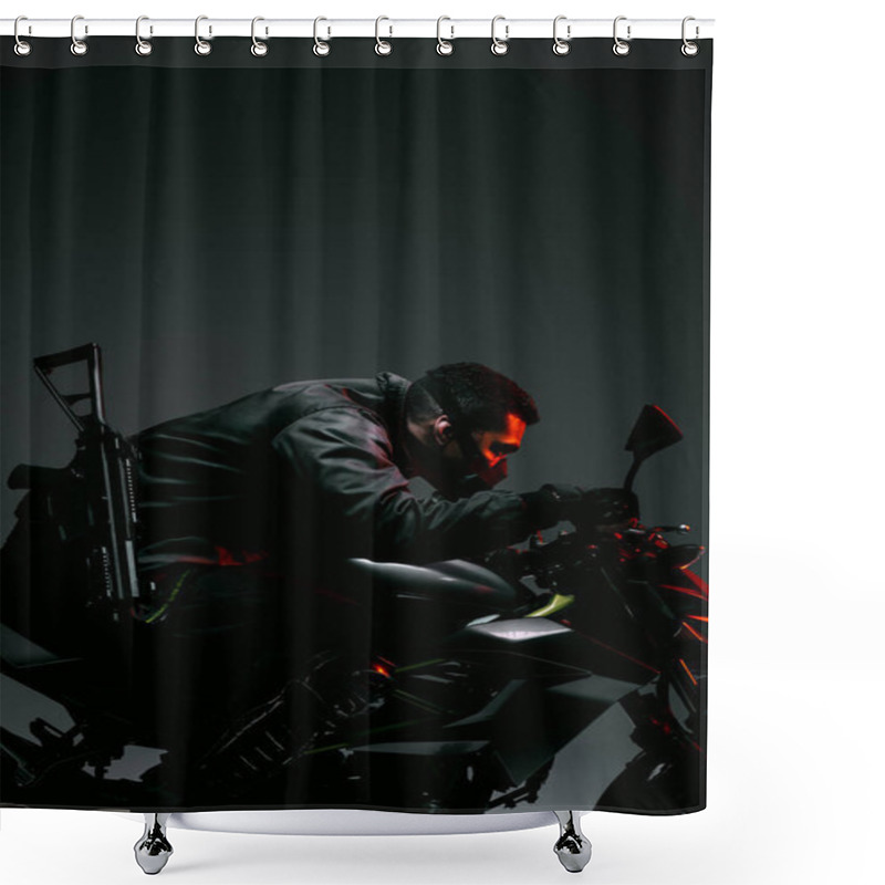 Personality  Profile Of Armed Mixed Race Cyberpunk Player In Mask Riding Motorcycle On Grey  Shower Curtains