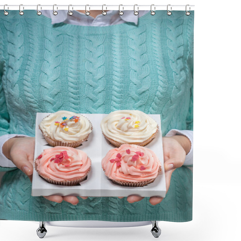 Personality  Woman Holding Cupcakes In Hands Isolated On White Shower Curtains