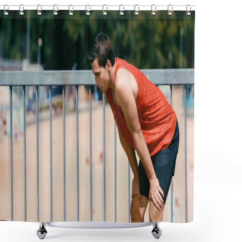 Personality  Young Sportsman Breathing While Resting After Jogging On Bridge Shower Curtains