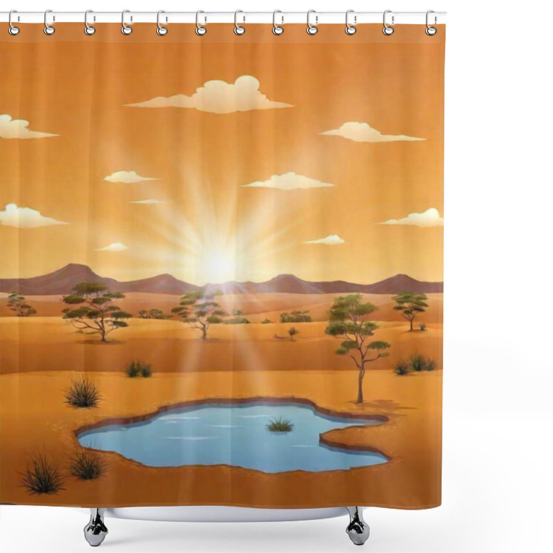 Personality  Desert Landscape With Palm Trees, Sun And Lake, Vector Illustration, Shower Curtains