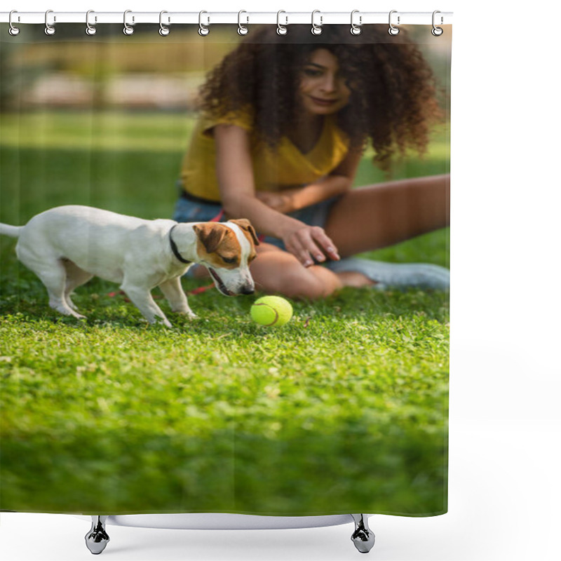 Personality  Selective Focus Of Young Woman Looking At Dog Near Tennis Ball Shower Curtains