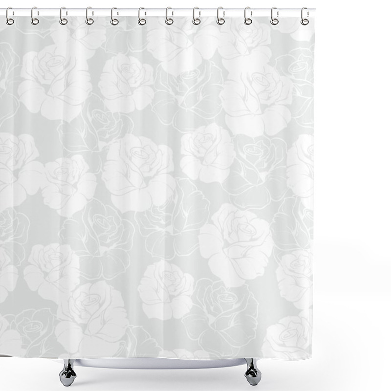 Personality  Seamless Grey And White Floral Vector Pattern With Classic White Roses On Grey Tile Background. Shower Curtains