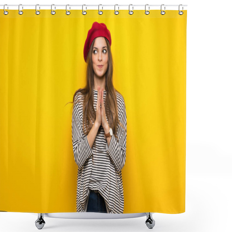 Personality  Girl With French Style Over Yellow Wall Scheming Something Shower Curtains