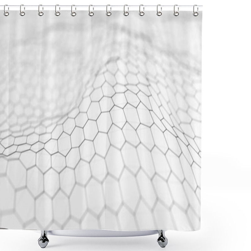 Personality  Futuristic White Hexagon Background. Futuristic Honeycomb Concept. Wave Of Particles. 3D Rendering. Shower Curtains