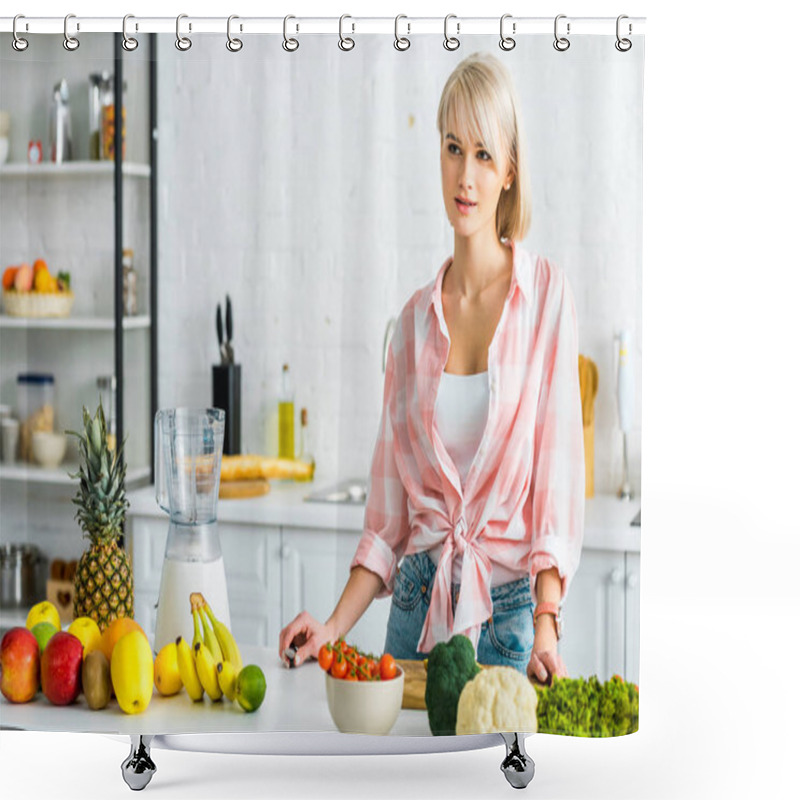 Personality  Attractive Blonde Girl Standing Near Near Ingredients In Kitchen Shower Curtains