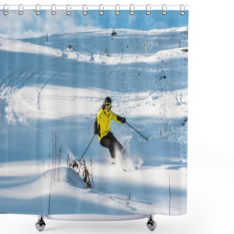 Personality  Skier In Helmet Holding Ski Sticks While Skiing On Slope Outside  Shower Curtains