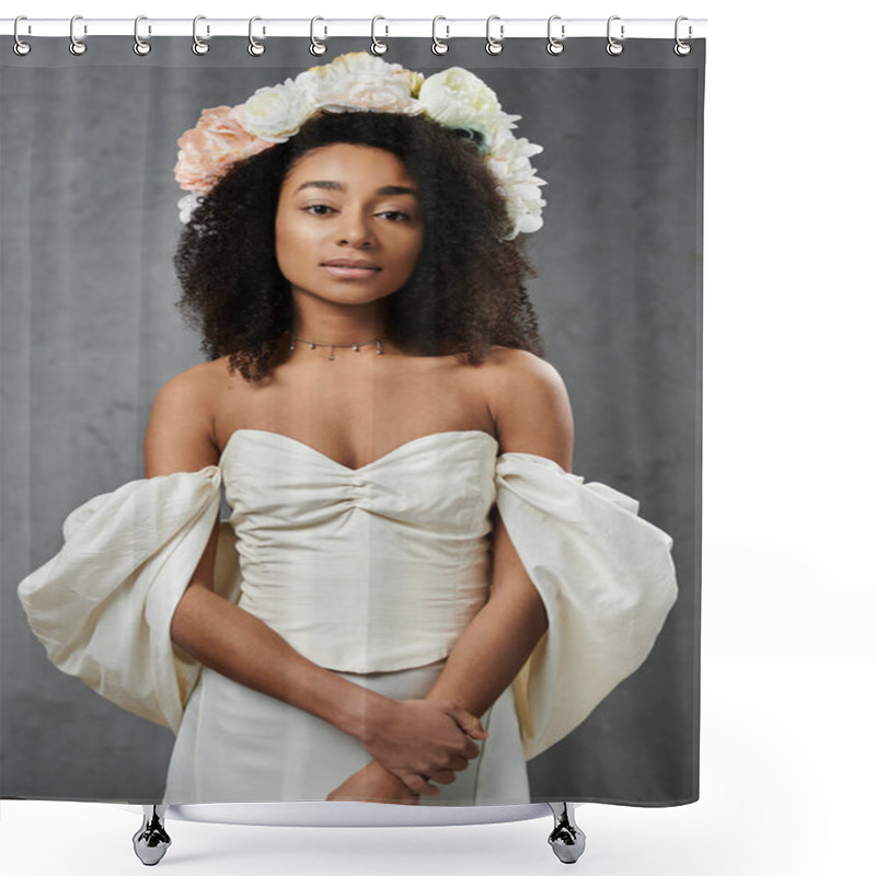 Personality  A Stunning African American Bride Poses In A White Wedding Dress With Flowers In Her Hair Against A Grey Background. Shower Curtains