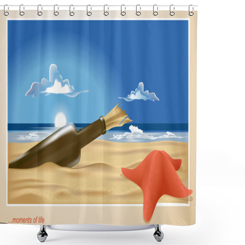 Personality  Vector Of A Lonely Beach With A Bottle And Starfish Shower Curtains