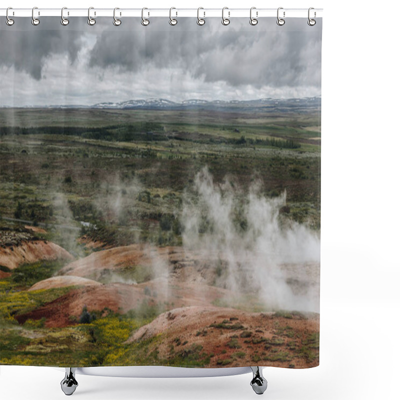 Personality  Aerial View Landscape With Volcanic Vents Under Cloudy Sky In Haukadalur Valley In Iceland Shower Curtains