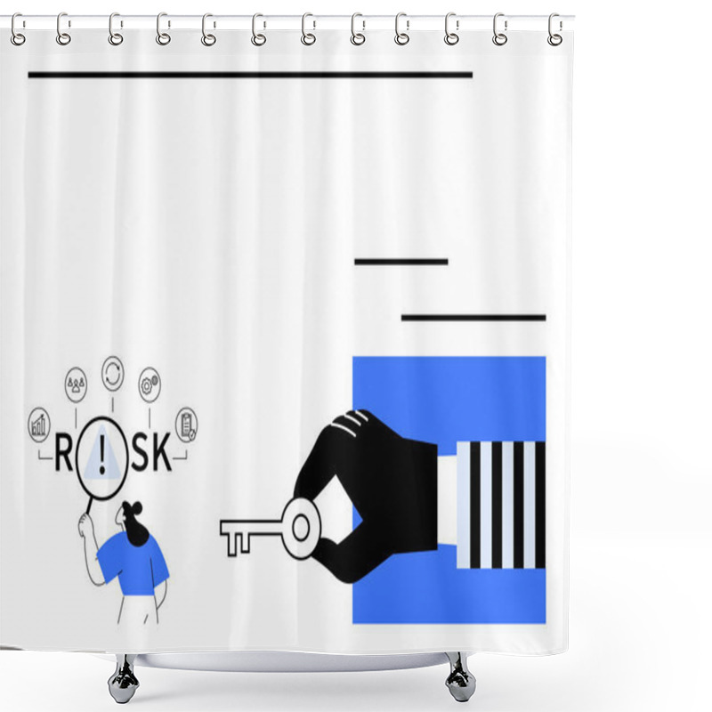 Personality  Businesswoman Evaluating Risks With Magnifier Amidst Icons Large Hand Holding Key Symbolizing Solutions, Security. Ideal For Decision-making, Risk Analysis, Strategy, Opportunity, Solutions Shower Curtains