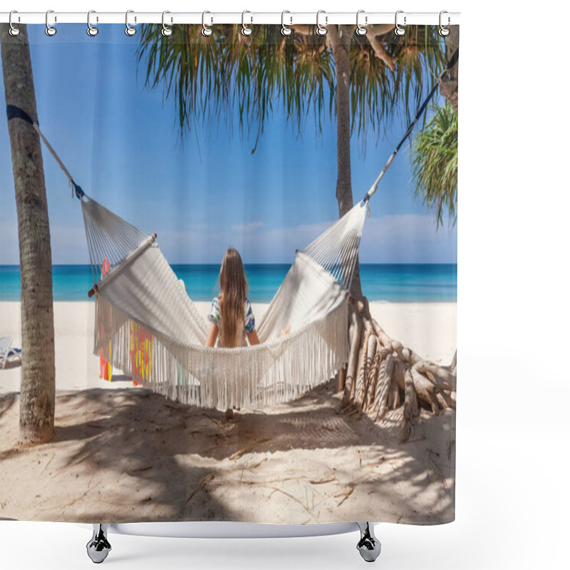 Personality  Back View Of Travel Woman Sitting On White Hammock On Sandy Beach Shower Curtains