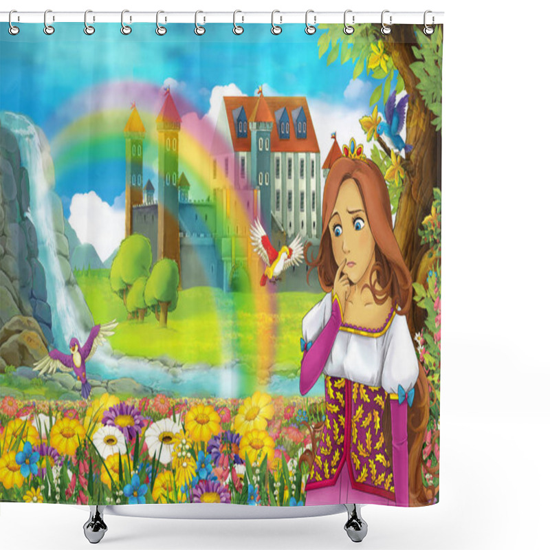 Personality  Cartoon Fairy Tale Scene With Beautiful Princess In The Field Full Of Flowers Near Small Waterfall Colorful Rainbow And Big Castle Illustration For Children Shower Curtains