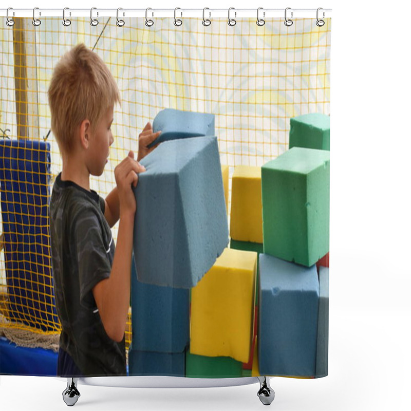 Personality  A Boy Plays In A Playground With Cubes. Foam Dry Pool. Shower Curtains